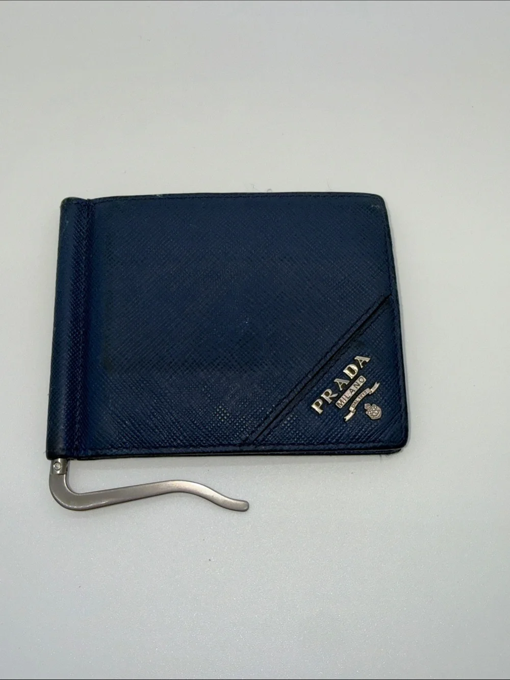 Prada Navy Saffiano Leather Money Clip Wallet with Gold Logo